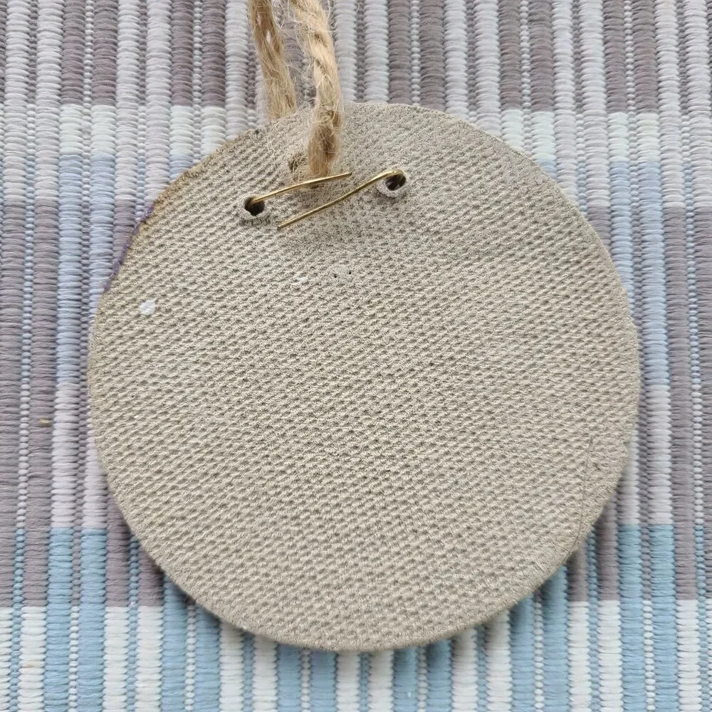 Vintage Handmade Sandcast Clay Enamel Angel Ornament Round Disc Wire Halo Wings